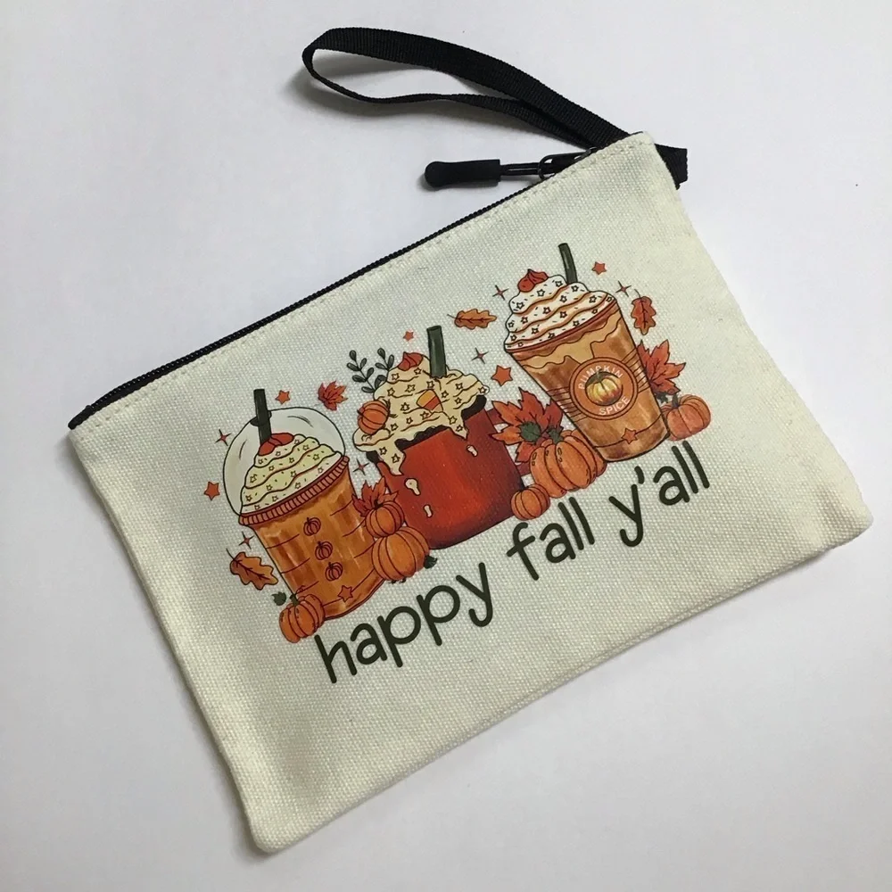 Fall Pumpkin Spice Latte Coffee Cosmetic Bag Canvas Zip Happy Fall Y’all NEW